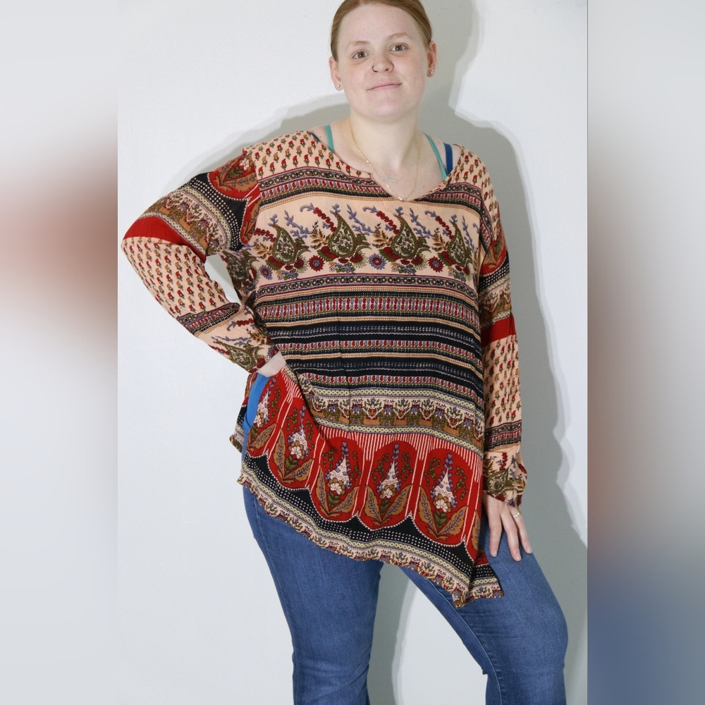 Red and Brown Asymmetrical Tunic Top